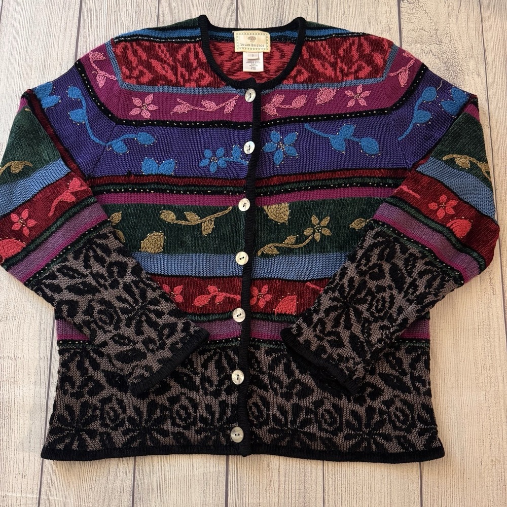 Susan Bristol 1999 Hand Embroidered Floral Cardigan Sweater Women's Small